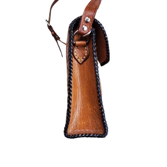 Vintage Crossbody Purse Handbag Brown Leather Tooled Whipstitch Gold Closure - Picture 7 of 15